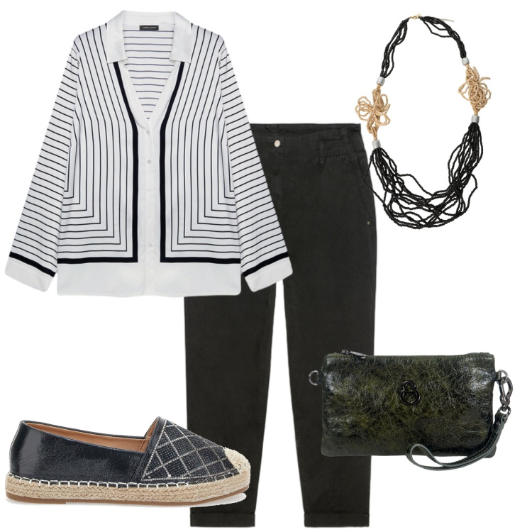 Outfit donna - Ufficio. Stile Casual per Ufficio. Abbinamento con collane, camicie, pantaloni, pochette, espadrillas.