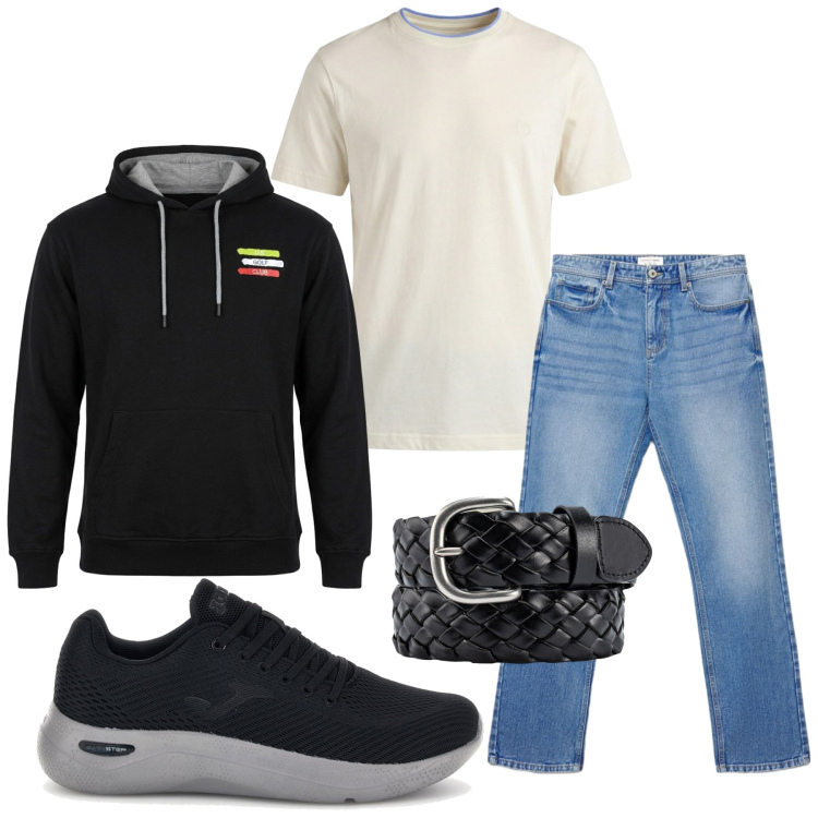 Outfit uomo - Total look #2466413. Stile Urban per Tutti i giorni. Abbinamento con t-shirt, jeans dritti, cinture, felpe con cappuccio, sneakers.