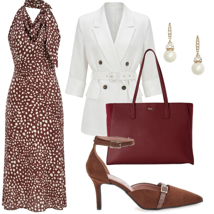 Outfit donna - Fall Collections. Stile Glamour per Tutti i giorni. Abbinamento con shopping bag, vestiti midi/longuette, blazer, orecchini, décolleté.