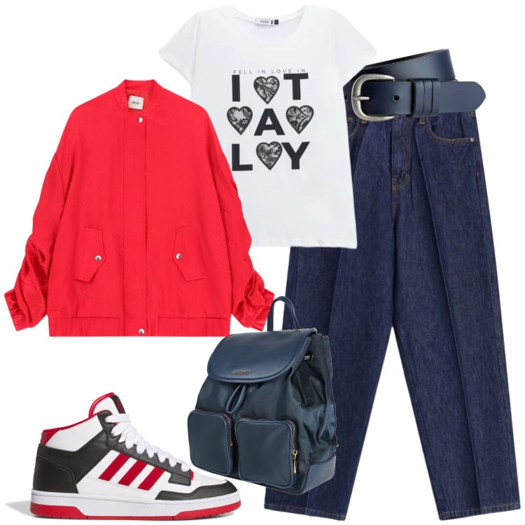 Outfit donna - Sporty. Stile Casual per Tutti i giorni. Abbinamento con zaini, cinture, bomber, jeans, t-shirt, sneakers alte.