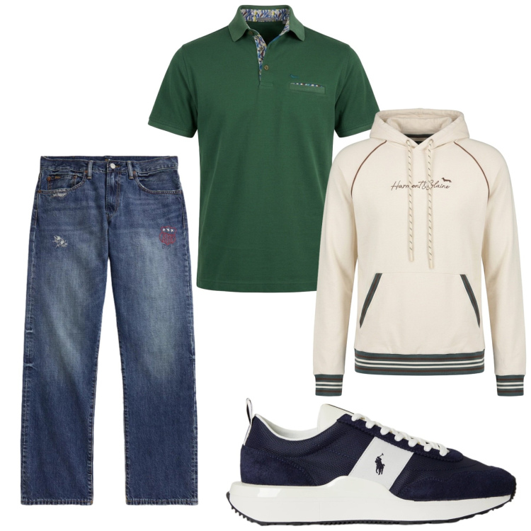 Outfit uomo - Total look #2466419. Stile Urban per Serata speciale. Abbinamento con polo, felpe con cappuccio, sneakers, jeans dritti.