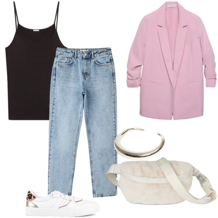 Outfit donna - Total look #2466430. Stile Casual chic per Tutti i giorni. Abbinamento con blazer, jeans mom, canottiere, marsupi, collane, sneakers.