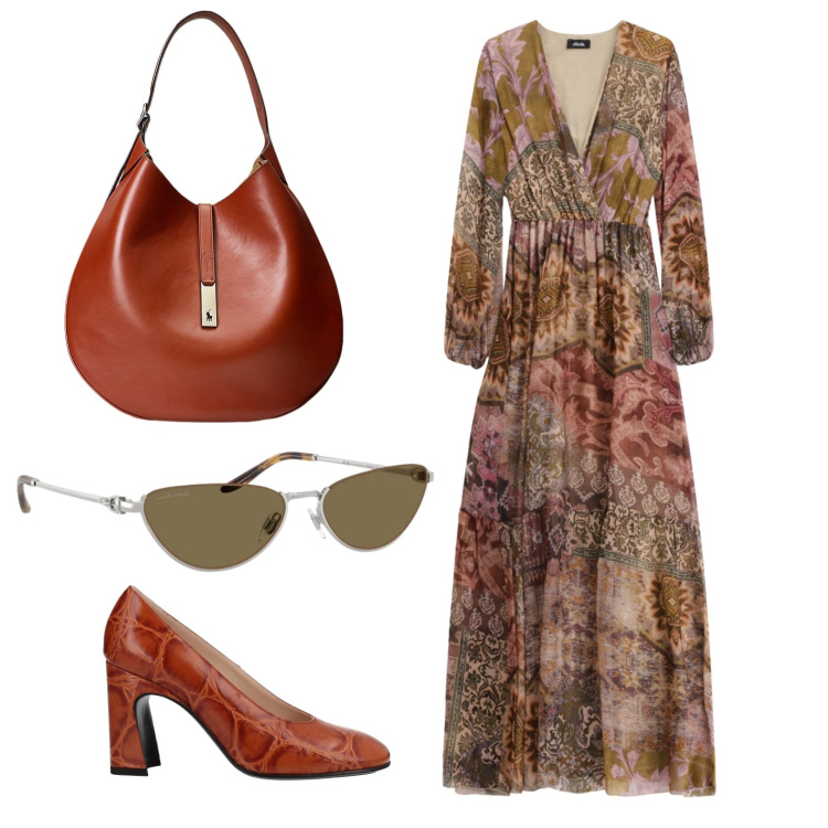 Outfit donna - Giovedi con le amiche. Stile Boho per Ufficio. Abbinamento con décolleté, vestiti lunghi, borse a spalla, occhiali da sole.