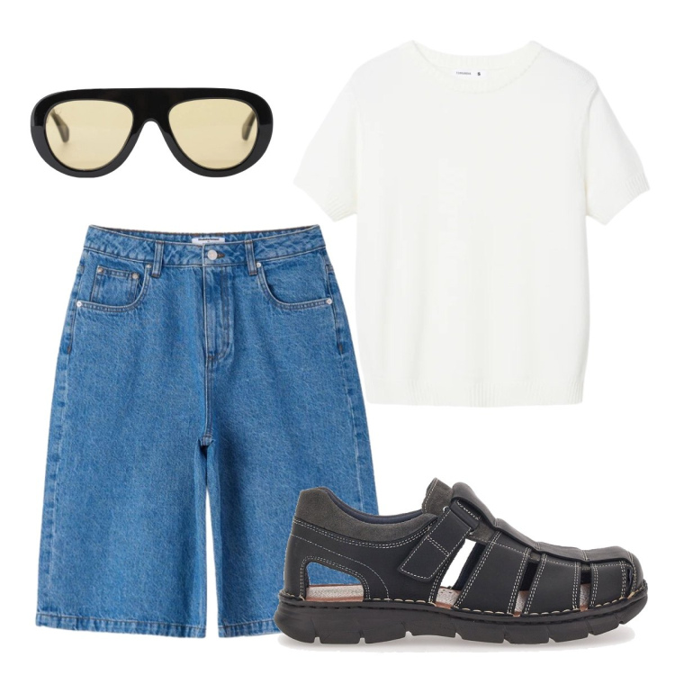 Outfit donna - Settembre. Stile Basic per Tutti i giorni. Abbinamento con occhiali da sole, bermuda, t-shirt, sandali in pelle.