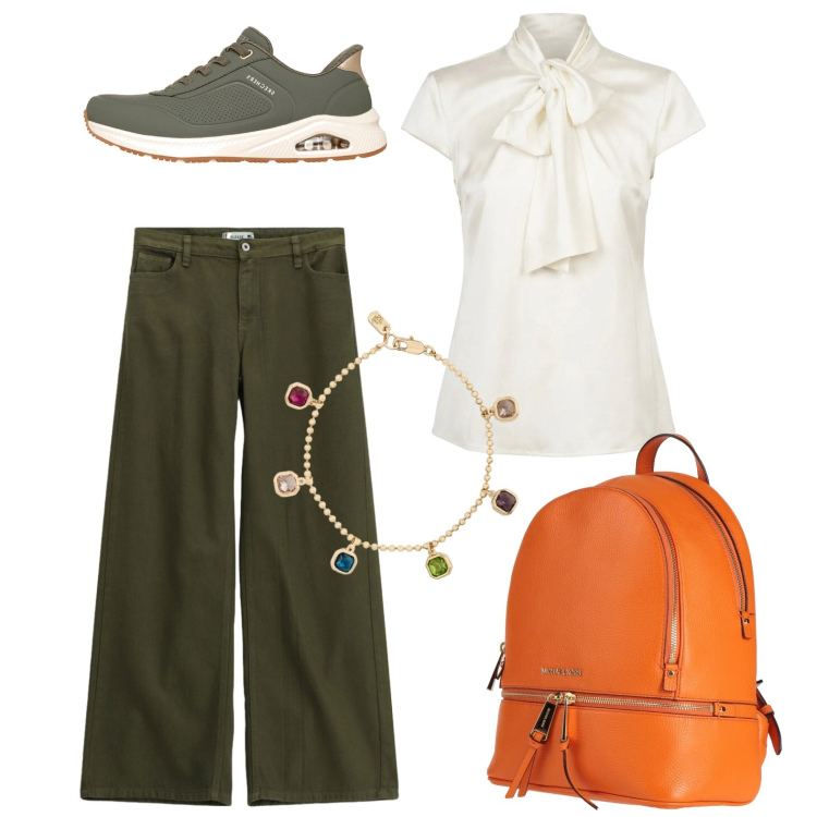 Outfit donna - Sabato in gita. Stile Casual per Tutti i giorni. Abbinamento con zaini, pantaloni a palazzo, camicie, braccialetti, sneakers.