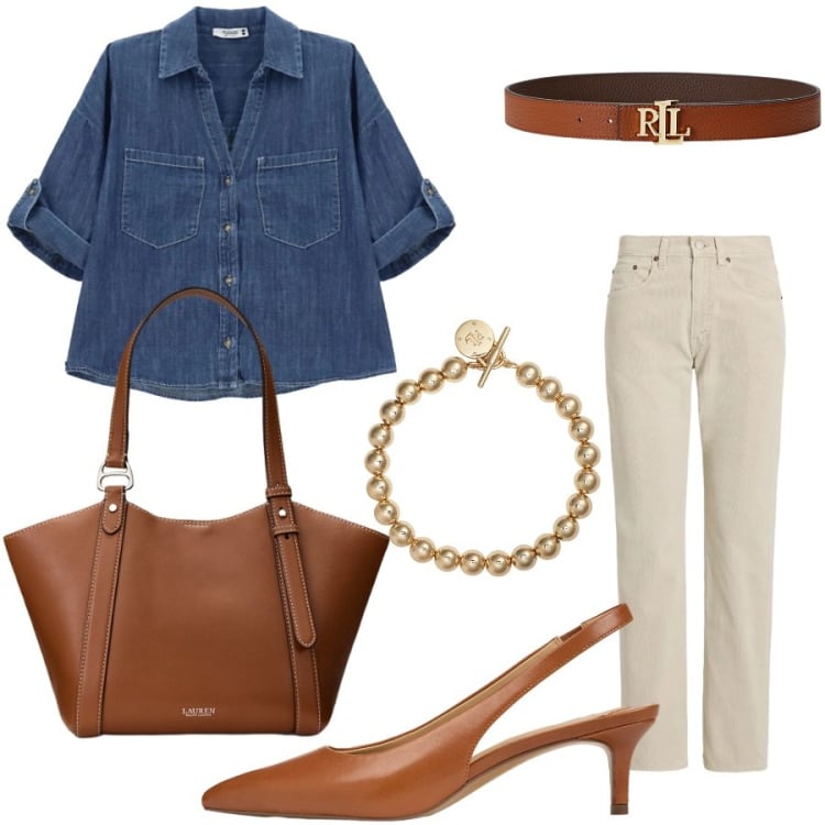 Outfit donna - Total look #2466444. Stile Casual chic per Tutti i giorni. Abbinamento con camicie, pantaloni, borse tote, cinture, braccialetti, décolleté.