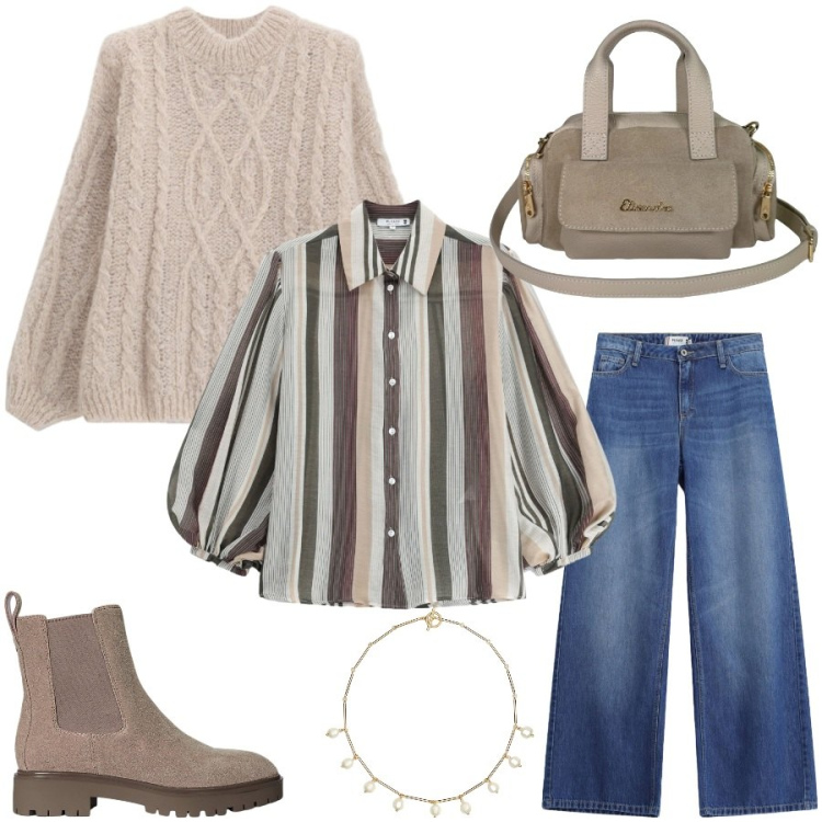 Outfit donna - Total look #2466446. Stile Casual chic per Ufficio. Abbinamento con jeans, maglieria, camicie, borse a mano, stivaletti, collane.