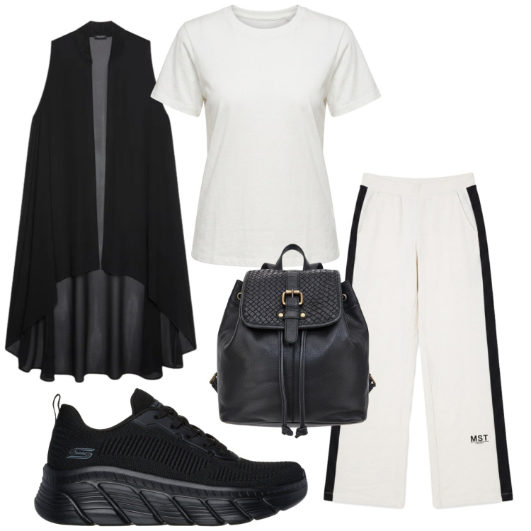 Outfit donna - Total look #2466449. Stile Sporty chic per Sport. Abbinamento con pantaloni, gilet, t-shirt, sneakers, zaini.