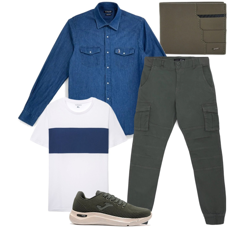 Outfit uomo - Total look #2466452. Stile Urban per Tutti i giorni. Abbinamento con pantaloni cargo, t-shirt, portafogli, camicie, sneakers.
