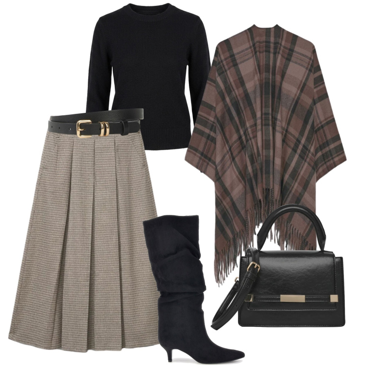 Outfit donna - Nuove tendenze A/W ‘26. Stile Glamour per Tutti i giorni. Abbinamento con cinture, cappe, gonne longuette, borse a spalla, maglieria, stivali sopra il ginocchio.