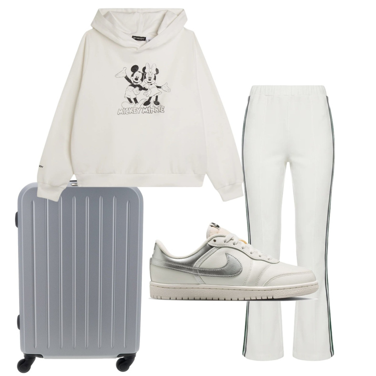 Outfit donna - Domenica in viaggio. Stile Basic per Tutti i giorni. Abbinamento con pantaloni, felpe con cappuccio, sneakers, valigie.