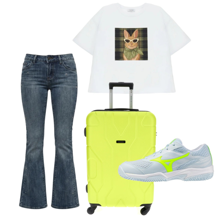 Outfit donna - In partenza. Stile Basic per Tutti i giorni. Abbinamento con t-shirt, jeans, sneakers, valigie.
