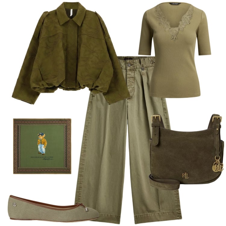 Outfit donna - Casual chic ufficio tempo libero. Stile Casual chic per Tutti i giorni. Abbinamento con bomber, pantaloni, ballerine, t-shirt, borse a tracolla, foulard.