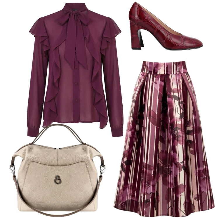 Outfit donna - Pranzo della domenica. Stile Bon Ton per Serata fuori. Abbinamento con décolleté, gonne longuette, bluse, borse a mano.
