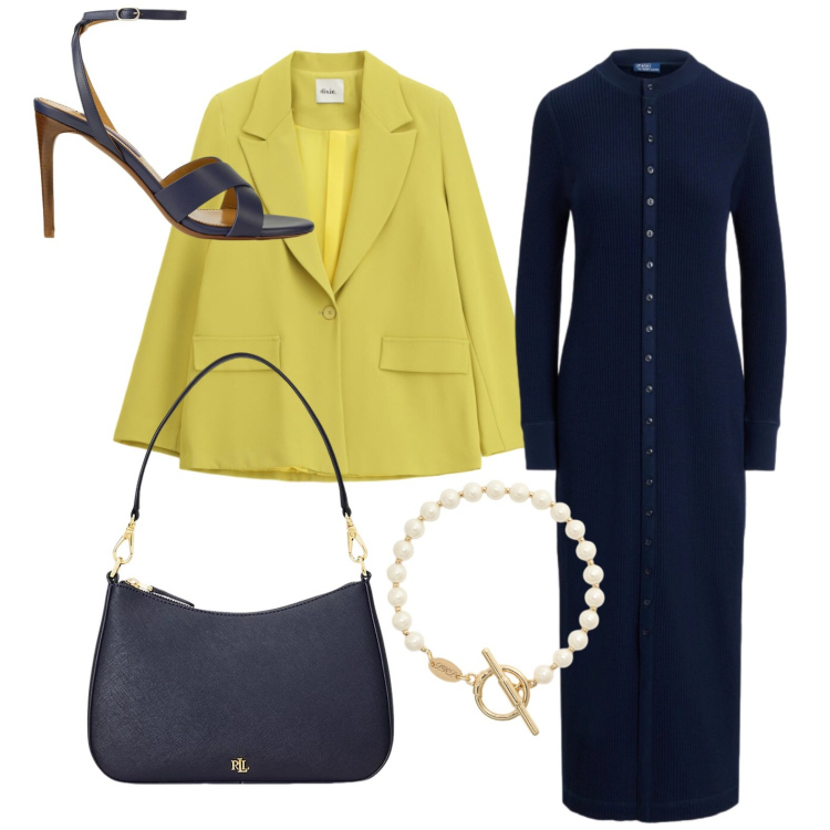 Outfit donna - Prima a teatro. Stile Glamour per Serata fuori. Abbinamento con blazer, braccialetti, borse a spalla, vestiti lunghi, sandali col tacco.