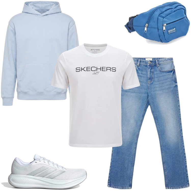 Outfit uomo - Total look #2466464. Stile Casual per Tutti i giorni. Abbinamento con felpe con cappuccio, jeans dritti, borse sportive, t-shirt, sneakers.