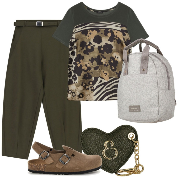 Outfit donna - Giornata libera. Stile Urban per Tutti i giorni. Abbinamento con zaini, pantaloni, t-shirt, portachiavi, sabot.