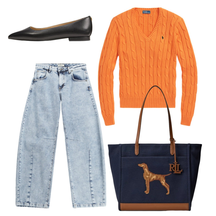 Outfit donna - Al lavoro con il pullover colorato. Stile Basic per Ufficio. Abbinamento con jeans, maglieria, ballerine, borse tote.