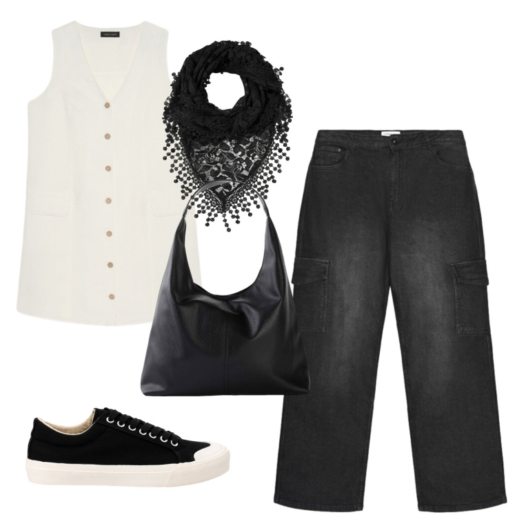 Outfit donna - Black and white. Stile Casual chic per Serata fuori. Abbinamento con shopping bag, canottiere, jeans, sneakers, vestiti senza maniche.