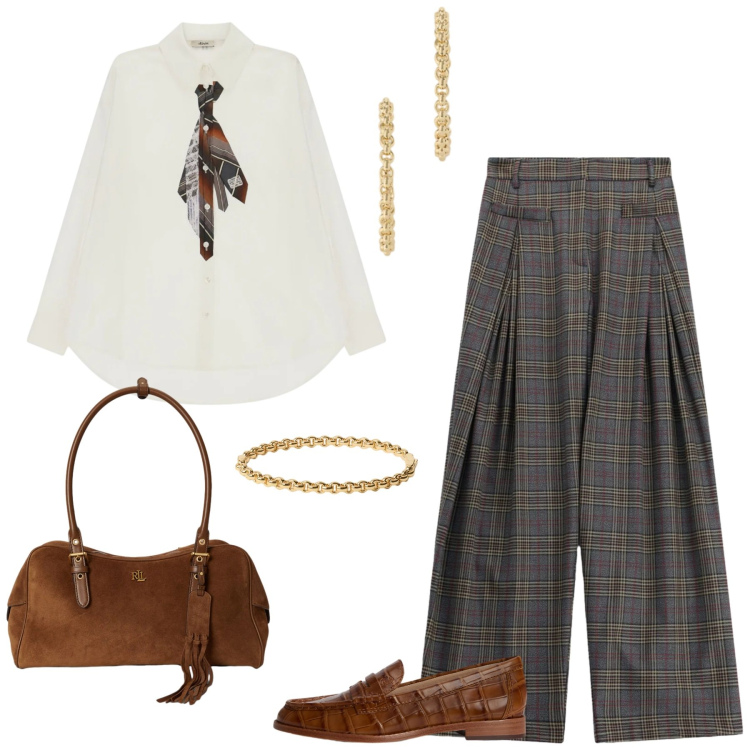 Outfit donna - Total look #2466474. Stile Bon Ton per Tutti i giorni. Abbinamento con pantaloni a palazzo, camicie, borse a spalla, mocassini, orecchini, braccialetti.