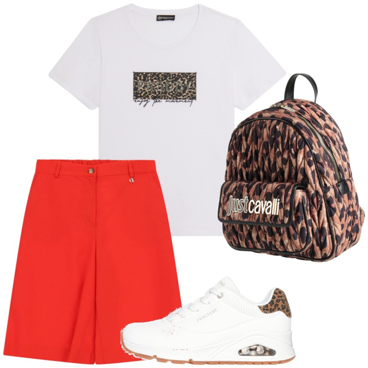 Outfit donna - Il mio rientro a scuola. Stile Casual per Scuola/Università. Abbinamento con zaini, bermuda, t-shirt, sneakers alte.