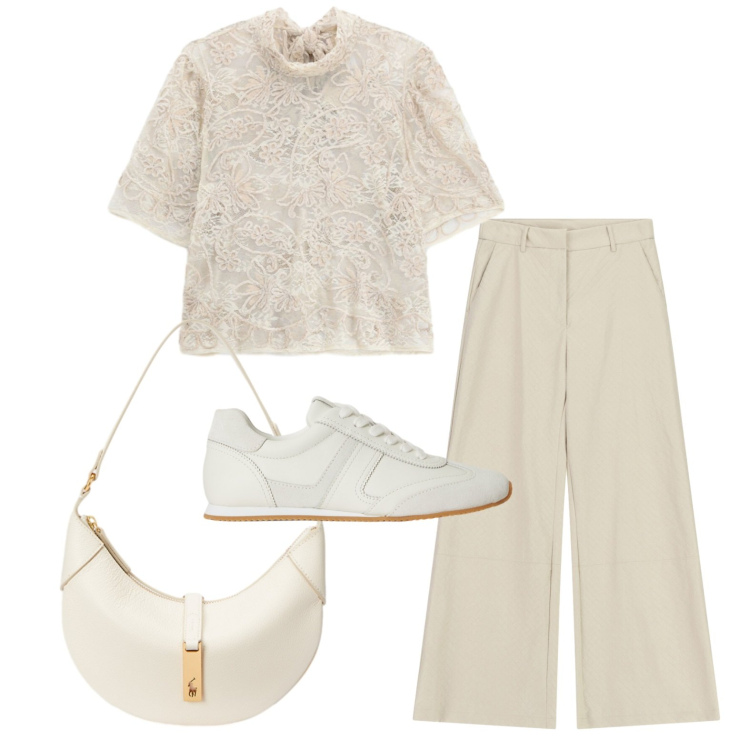 Outfit donna - White party. Stile Casual per Serata fuori. Abbinamento con top, pantaloni a palazzo, borse a spalla, sneakers.