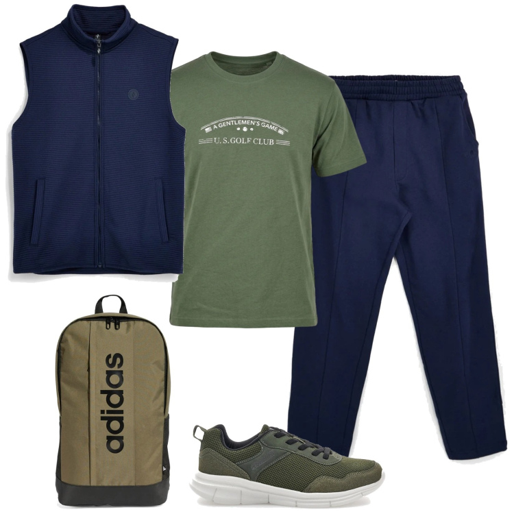 Outfit uomo - Total look #2466478. Stile Urban per Tutti i giorni. Abbinamento con gilet, pantaloni, t-shirt, sneakers, borse sportive.