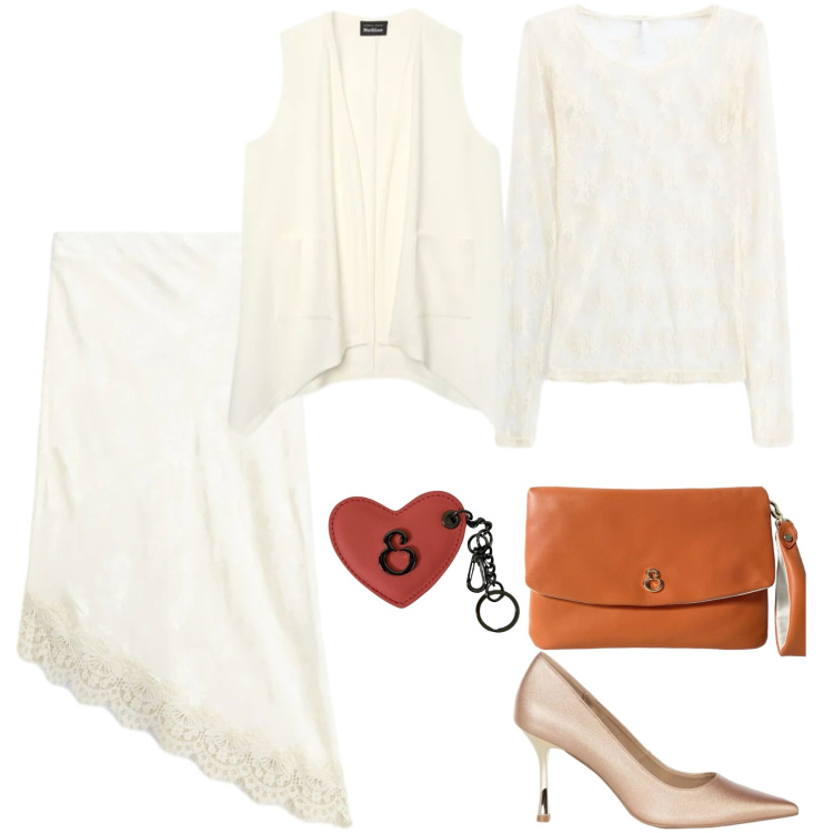 Outfit donna - Avorio a settembre. Stile Romantica per Cerimonia. Abbinamento con t-shirt, gonne longuette, décolleté, gilet, pochette, portachiavi.