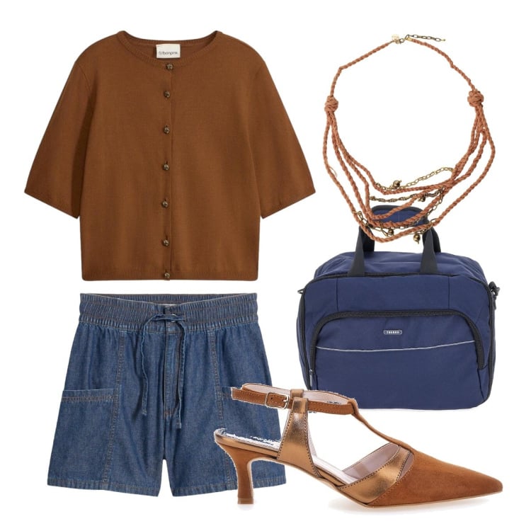 Outfit donna - Settembre. Stile Sporty chic per Tutti i giorni. Abbinamento con shorts, cardigans, collane, zaini, décolleté.