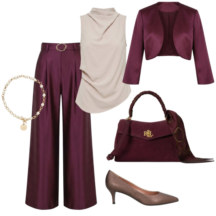 Outfit donna - Battesimo a settembre. Stile Glamour per Cerimonia. Abbinamento con décolleté, top, pantaloni a palazzo, bolero, collane, borse a mano.