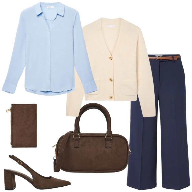 Outfit donna - Total look #2466487. Stile Casual chic per Tutti i giorni. Abbinamento con pantaloni, camicie, cardigans, borse a tracolla, décolleté, portafogli.