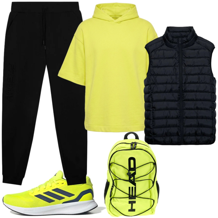Outfit uomo - Total look #2466490. Stile Urban per Tutti i giorni. Abbinamento con felpe con cappuccio, piumini, pantaloni, borse sportive, scarpe sportive.