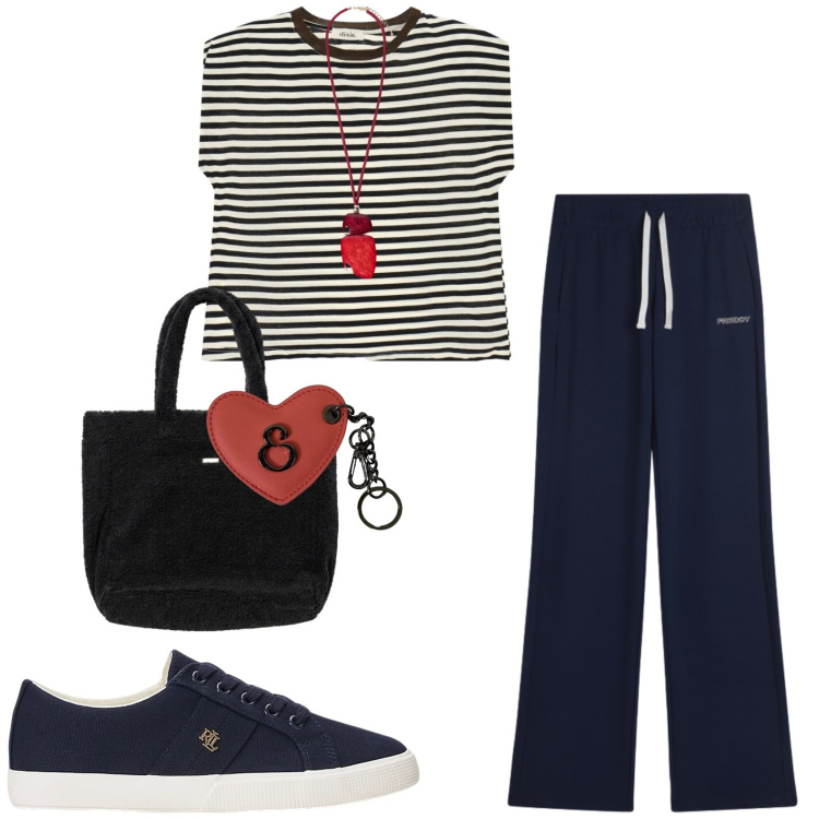 Outfit donna - Sporty. Stile Casual per Tutti i giorni. Abbinamento con t-shirt, pantaloni, borse a mano, ciondoli, portachiavi, sneakers.