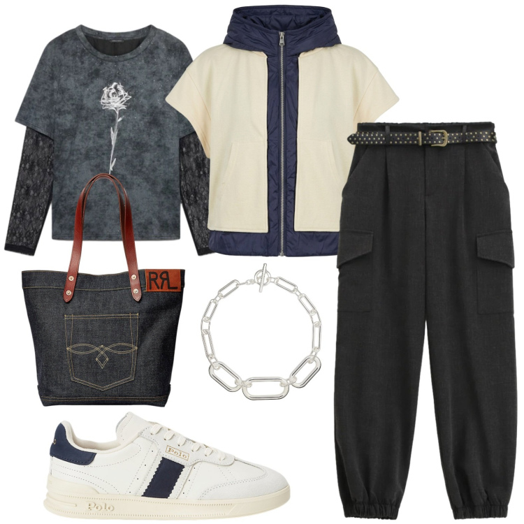 Outfit donna - Sportiva. Stile Casual per Tutti i giorni. Abbinamento con pantaloni, t-shirt, piumini, borse tote, sneakers, collane.