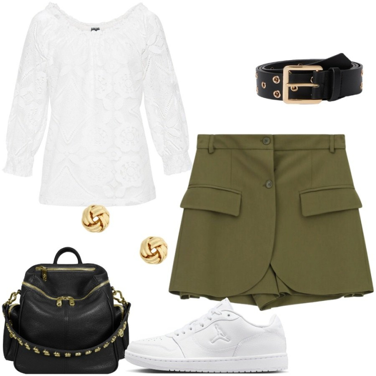 Outfit donna - Total look #2466499. Stile Casual chic per Tutti i giorni. Abbinamento con bluse, shorts, cinture, zaini, orecchini, sneakers.