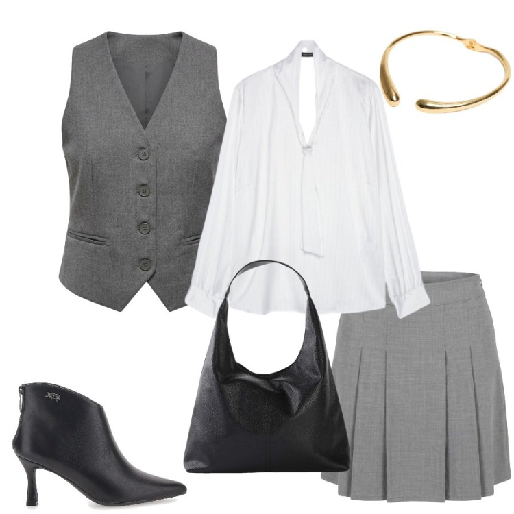 Outfit donna - Total look #2466502. Stile Casual chic per Tutti i giorni. Abbinamento con shopping bag, minigonne, bluse, gilet, collane, stivaletti.