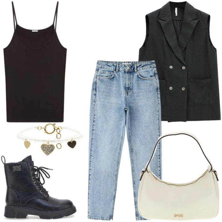 Outfit donna - Total look #2466504. Stile Casual chic per Serata fuori. Abbinamento con jeans mom, braccialetti, gilet, canottiere, anfibi, borse a tracolla.