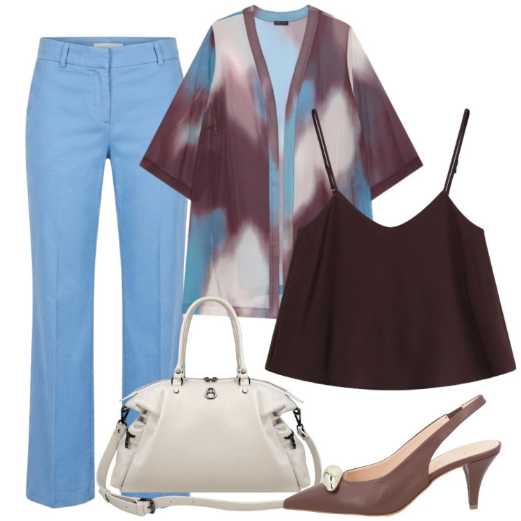Outfit donna - Ufficio. Stile Basic per Ufficio. Abbinamento con décolleté, pantaloni, top, kimono, shopping bag.