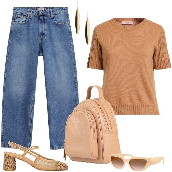 Outfit donna - Total look #2466506. Stile Casual chic per Tutti i giorni. Abbinamento con pullovers, décolleté, zaini, jeans dritti, occhiali da sole, orecchini.