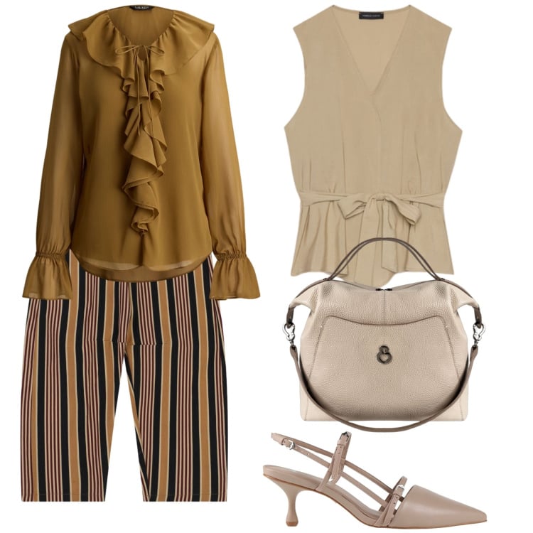 Outfit donna - Sì torna in ufficio. Stile Casual chic per Ufficio. Abbinamento con décolleté, pantaloni, gilet, borse a mano, camicie.