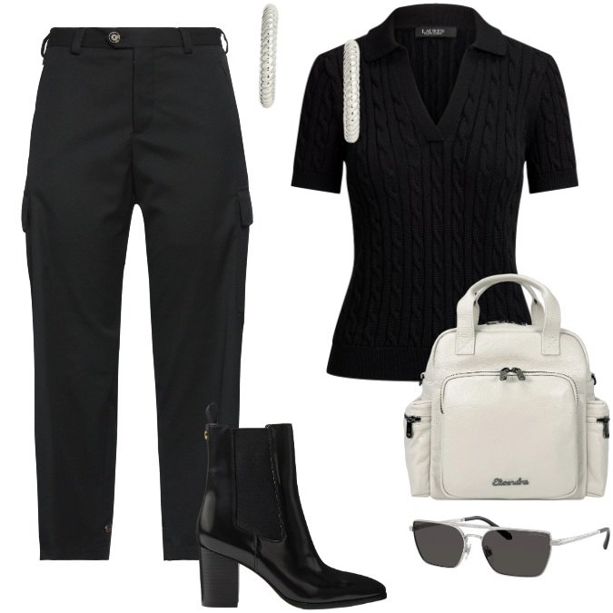Outfit donna - Total look #2466510. Stile Urban per Tutti i giorni. Abbinamento con pantaloni cargo, zaini, occhiali da sole, orecchini, stivaletti, polo.