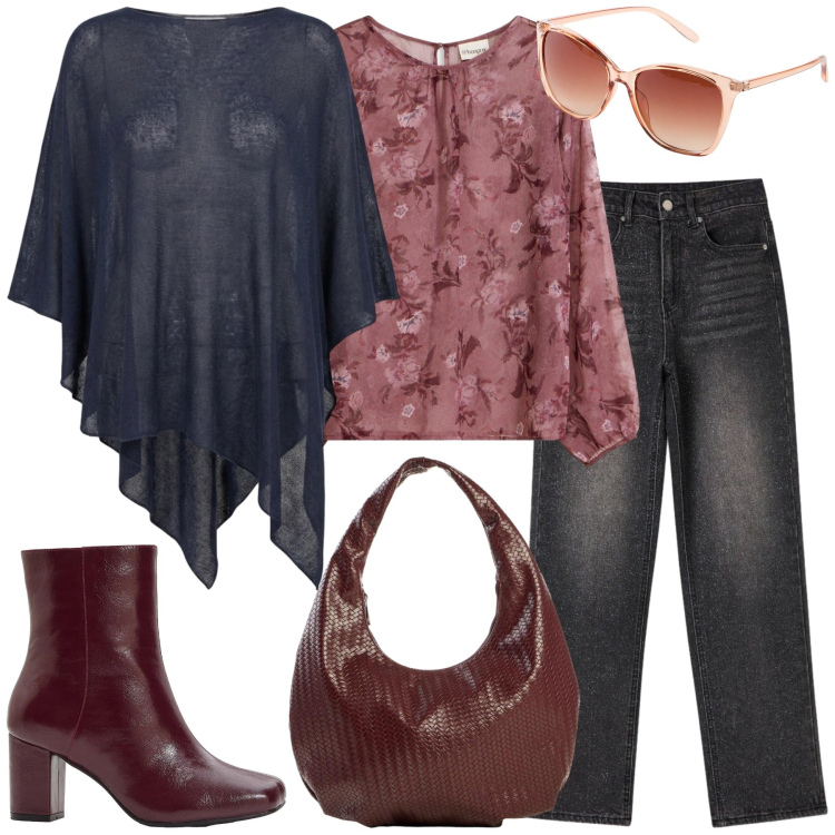 Outfit donna - Jeans in autunno. Stile Casual chic per Tutti i giorni. Abbinamento con occhiali da sole, stivaletti, borse a spalla, tuniche, jeans, cappotti.