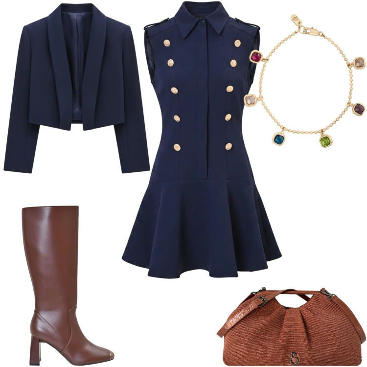 Outfit donna - Miniabito blu. Stile Trendy per Serata fuori. Abbinamento con vestiti corti, bolero, stivali sopra il ginocchio, clutch, braccialetti.