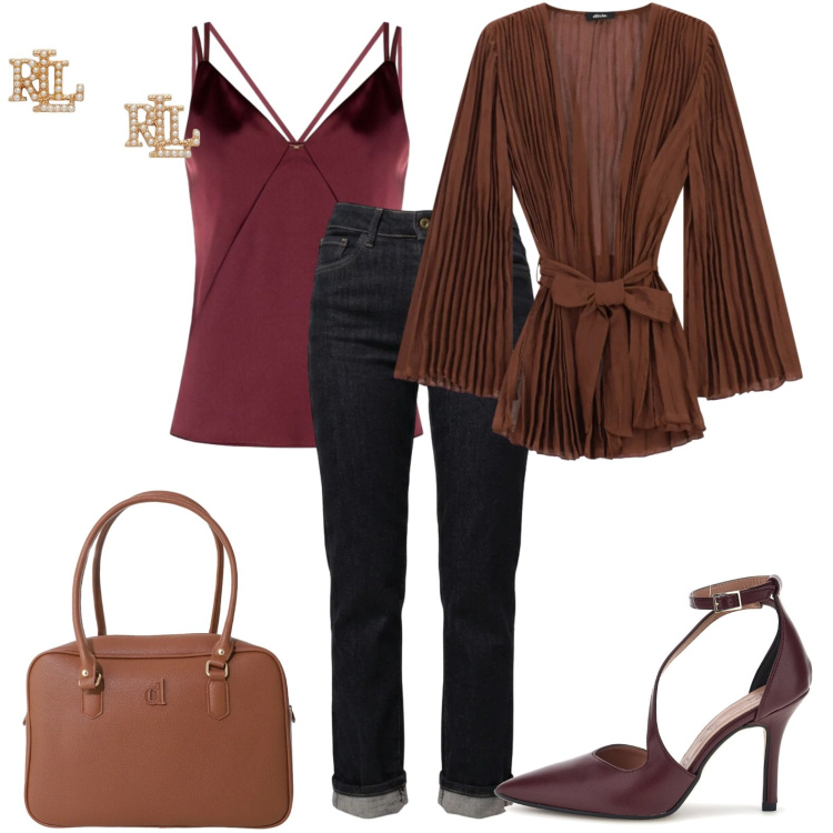 Outfit donna - Total look #2466513. Stile Chic per Serata fuori. Abbinamento con borse a mano, kimono, top, jeans dritti, orecchini, décolleté.