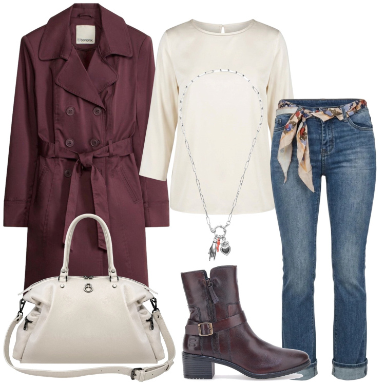 Outfit donna - Tempo libero. Stile Casual per Tutti i giorni. Abbinamento con trench, ciondoli, shopping bag, bluse, jeans, stivaletti texani.
