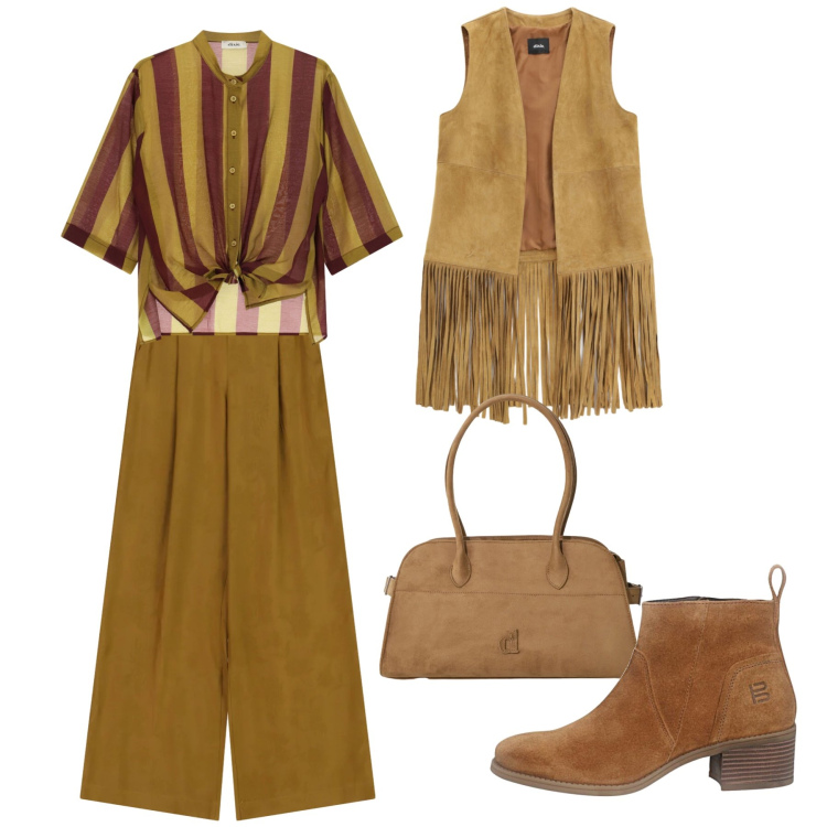 Outfit donna - Colori autunnali. Stile Glamour per Tutti i giorni. Abbinamento con camicie, pantaloni a palazzo, borse a spalla, gilet, stivaletti.