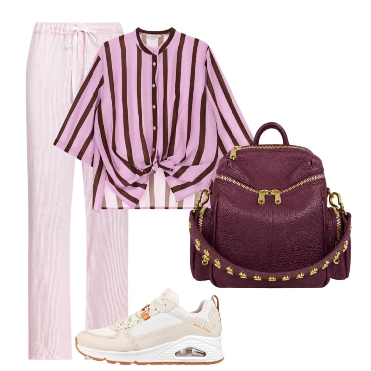 Outfit donna - Università. Stile Basic per Scuola/Università. Abbinamento con camicie, zaini, pantaloni, sneakers alte.