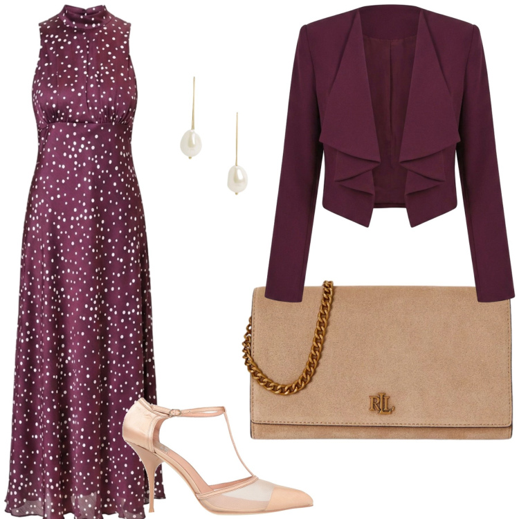 Outfit donna - Cerimonia pomeridiana. Stile Bon Ton per Cerimonia. Abbinamento con décolleté, vestiti lunghi, blazer, borse a tracolla, orecchini.