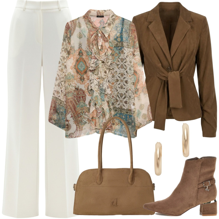 Outfit donna - I pantaloni bianchi e gli stivaletti. Stile Chic per Serata fuori. Abbinamento con borse a spalla, pantaloni a palazzo, camicie, blazer, orecchini, stivaletti.