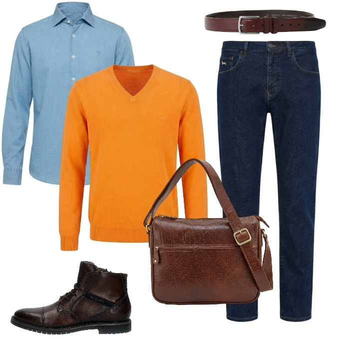 Outfit uomo - Total look #2466526. Stile Casual per Ufficio. Abbinamento con pullovers, camicie, jeans, cinture, anfibi, borse sportive.